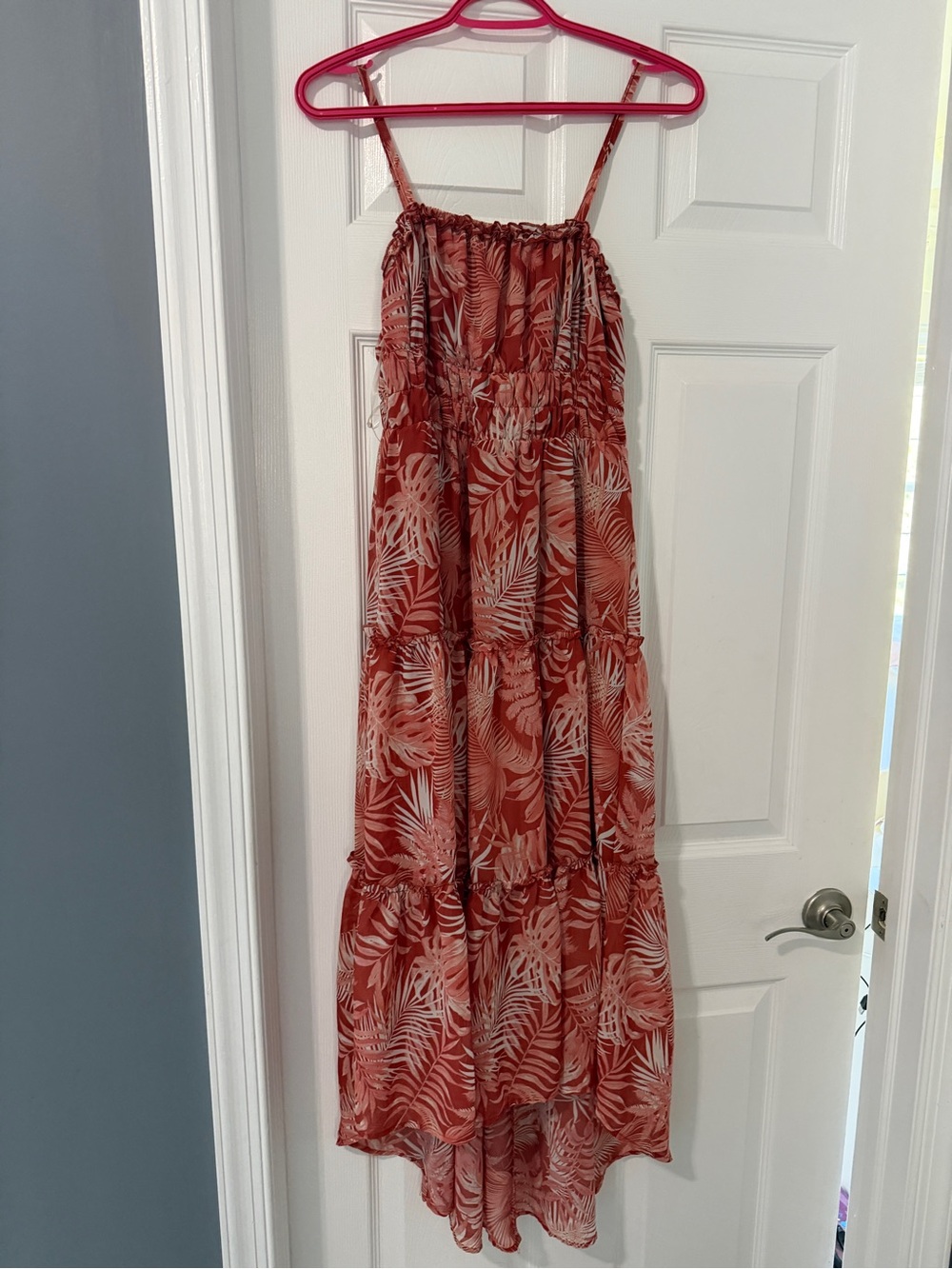 Rust Tropical Print Asymmetrical Maxi Dress